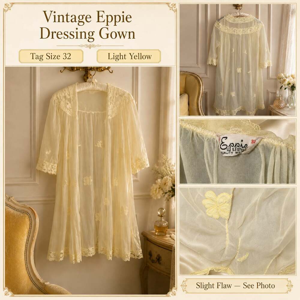 Vintage Eppie Dressing Gown Light Yellow Sheer Chiffon Lace Size 32